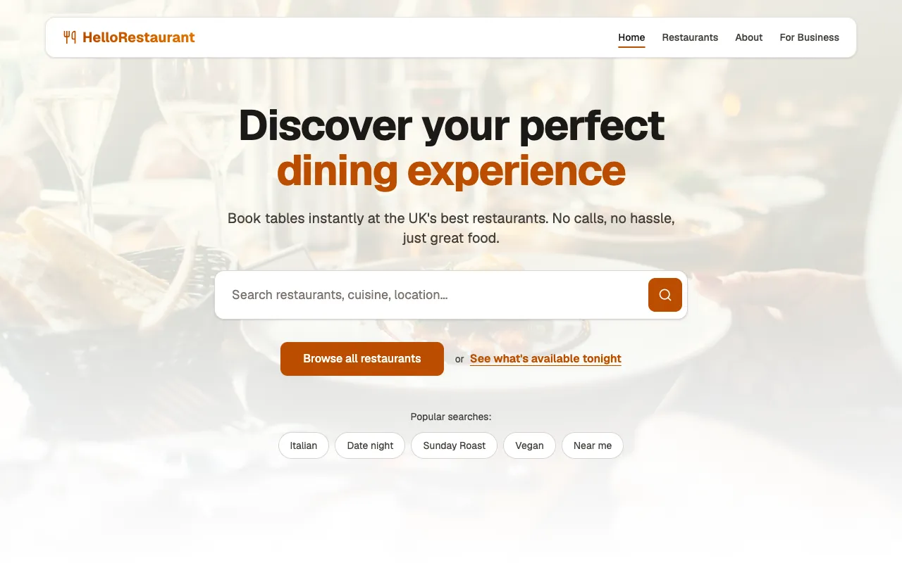 The HelloRestaurant home page on a laptop: the headline “Discover your perfect dining experience”, a search box for restaurants, cuisine or location, and a Browse all restaurants button.