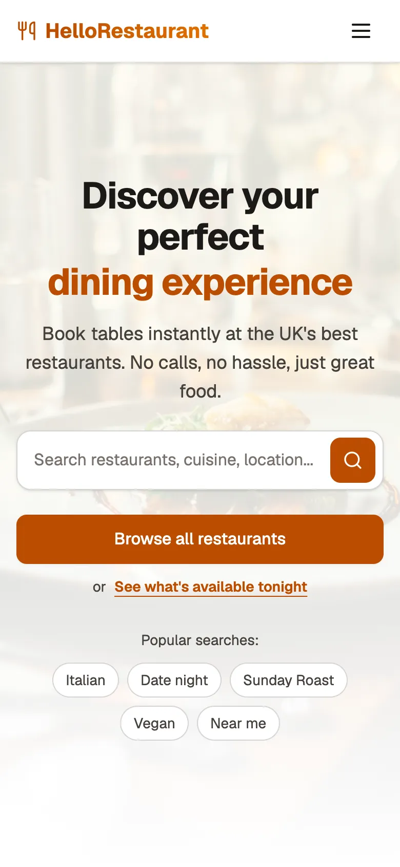 The same HelloRestaurant home page on a phone, with the search box and Browse all restaurants button stacked.