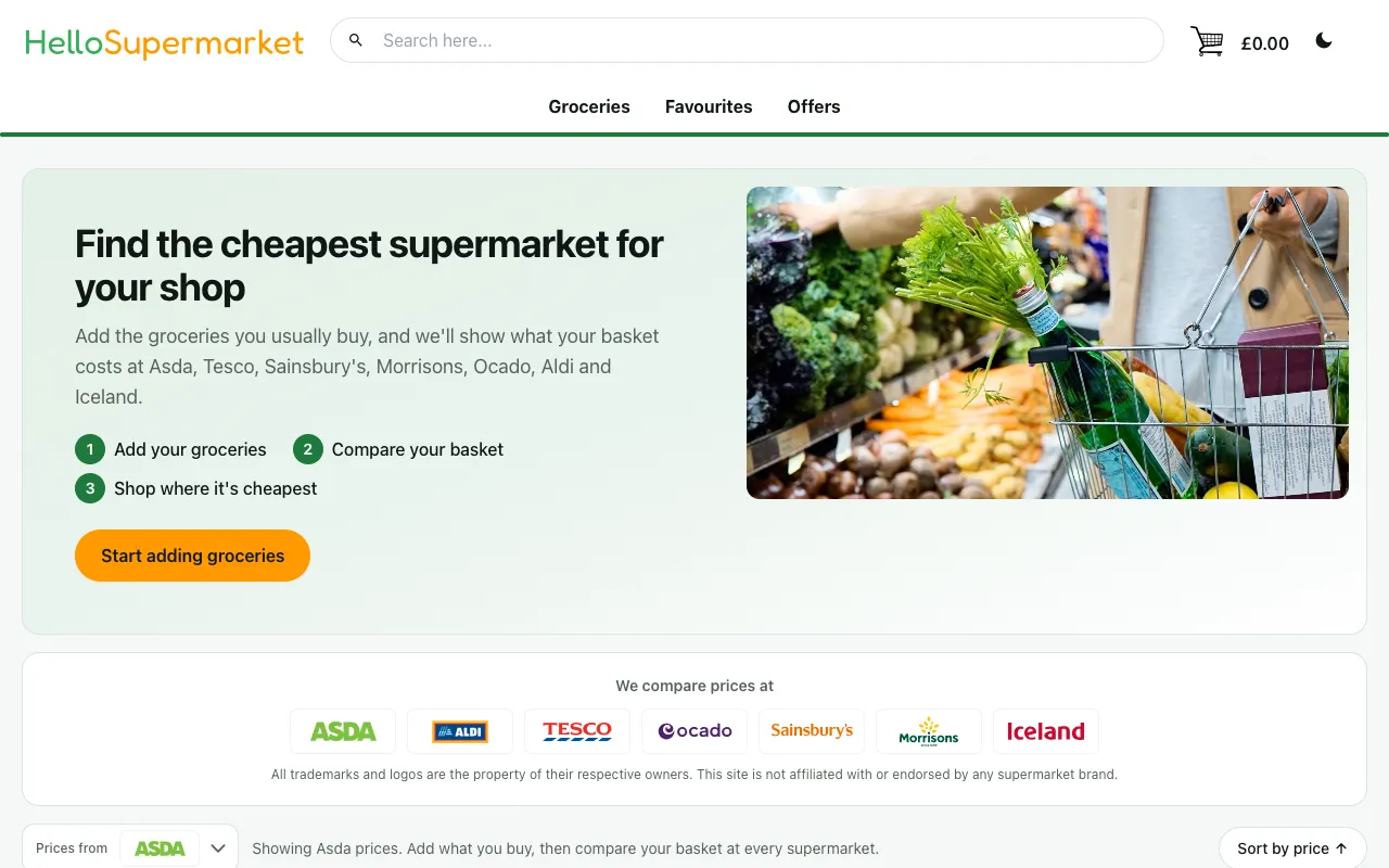 The HelloSupermarket home page on a laptop, in light mode: the headline “Find the cheapest supermarket for your shop”, three steps (add your groceries, compare your basket, shop where it's cheapest), a Start adding groceries button, and the logos of the seven supermarkets it compares.