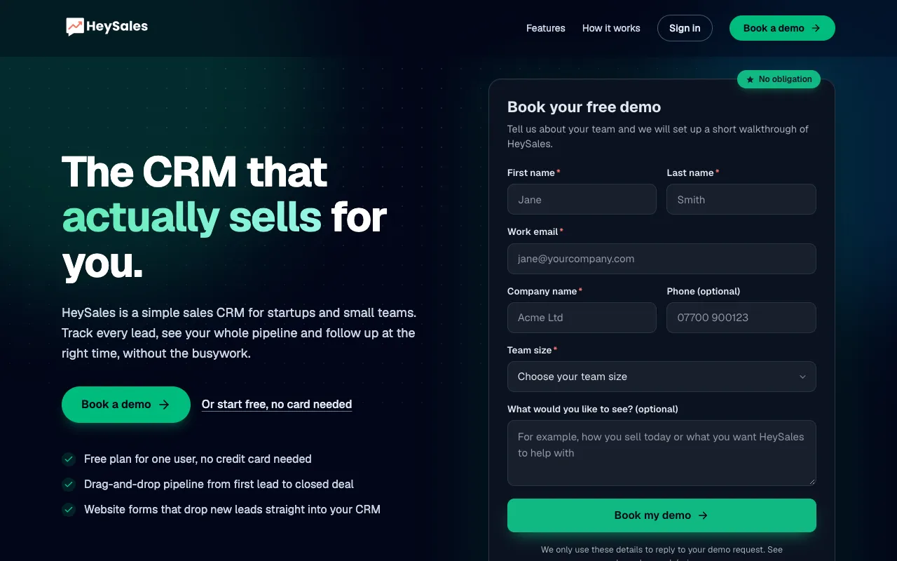 The HeySales home page on a laptop: the headline “The CRM that actually sells for you”, a Book a demo button, and the demo request form with name, email, company and team size fields.