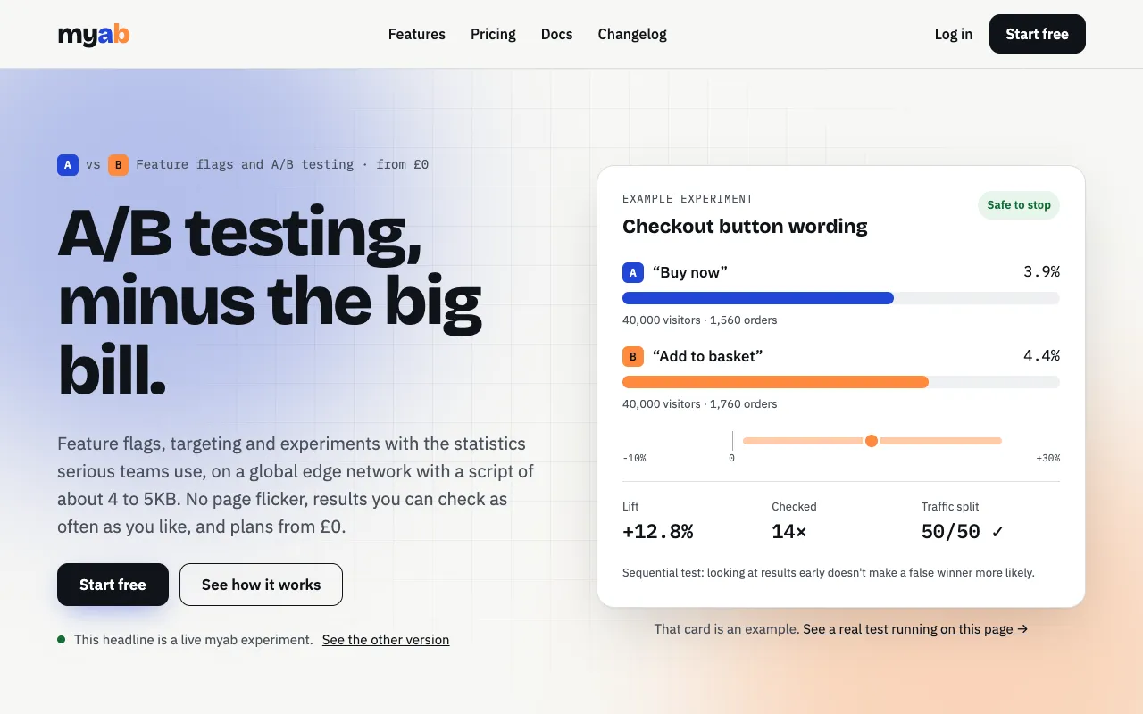 The myab home page on a laptop: the headline “A/B testing, minus the big bill.”, one version of a live myab test, beside an example experiment card comparing two checkout button wordings.