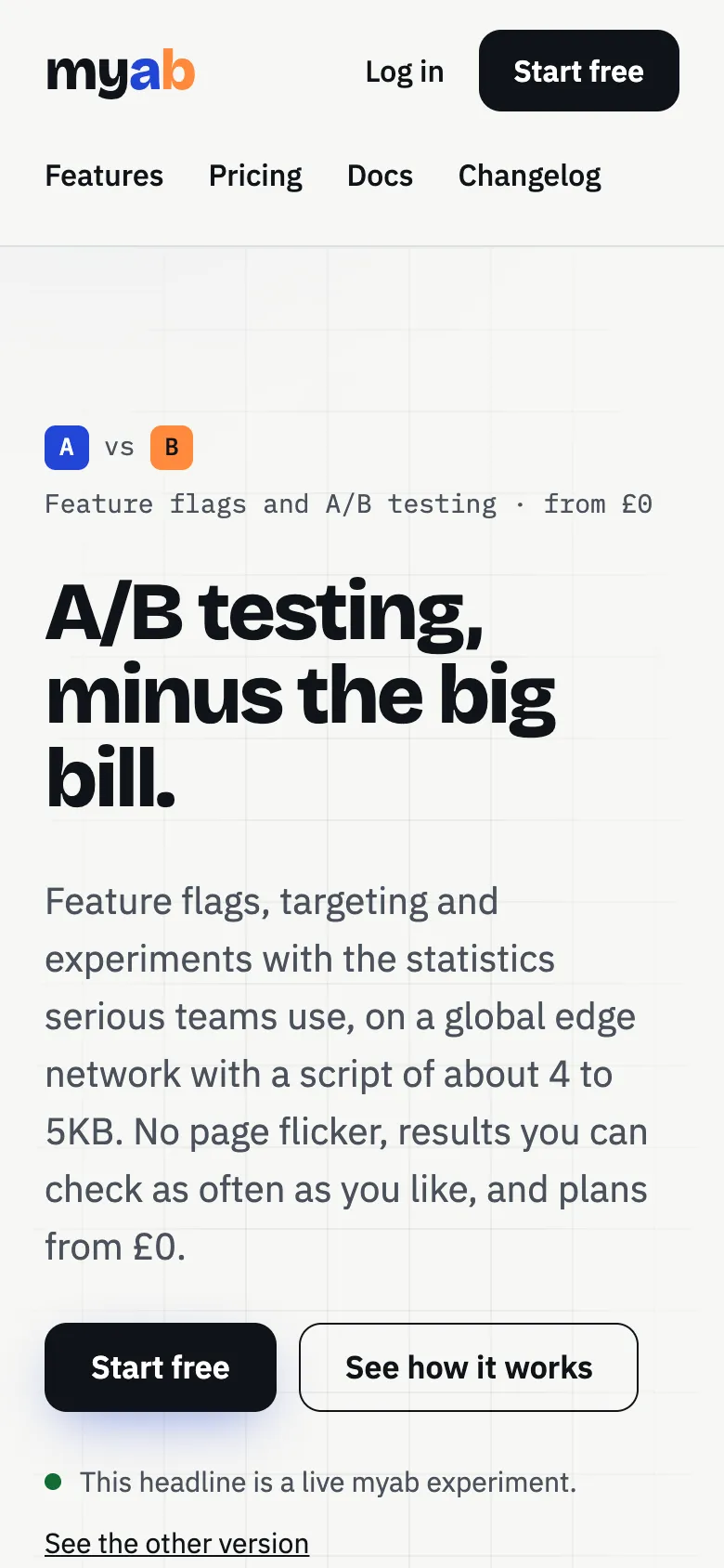 The myab home page on a phone: the headline “A/B testing, minus the big bill.” with Start free and See how it works buttons.